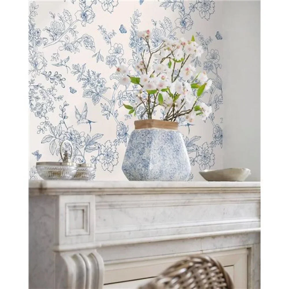 Cream White and Blue Floral Wallpaper Peel and Stick Wallpaper 17.7